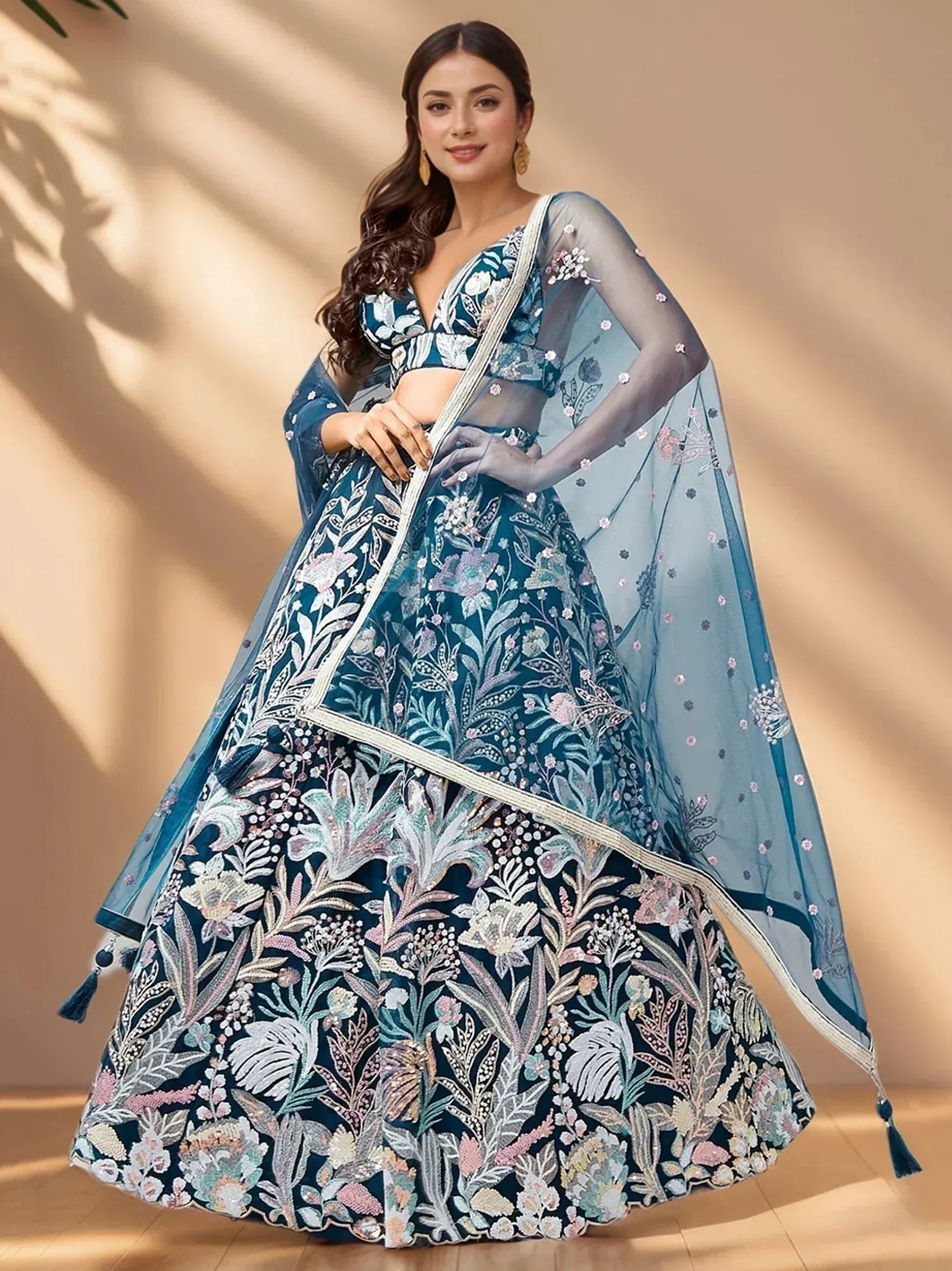 Tulsi Art Stunning Teal Blue Sequins Net Designer Lehenga Choli With Dupatta | Grocsy