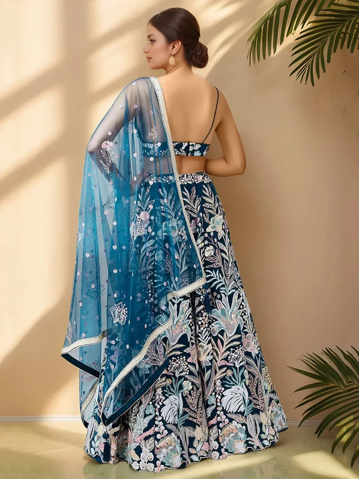 Tulsi Art Stunning Teal Blue Sequins Net Designer Lehenga Choli With Dupatta | Grocsy