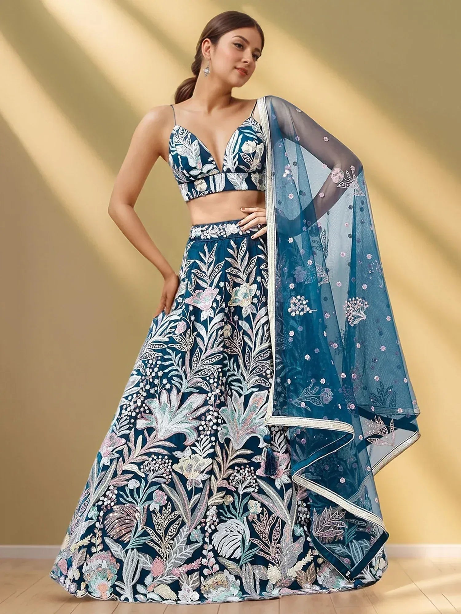 Tulsi Art Stunning Teal Blue Sequins Net Designer Lehenga Choli With Dupatta | Grocsy