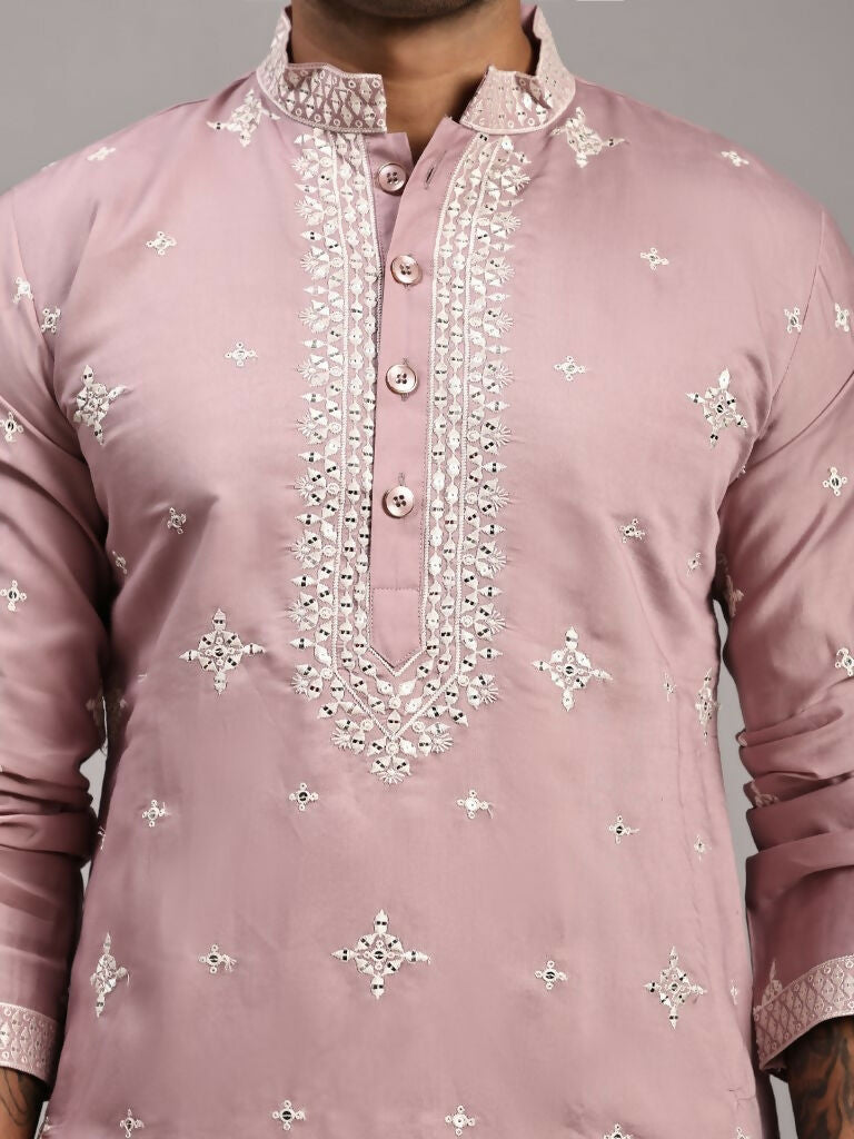 Pink Silk Designer Embroidery Work Men's Rajwadi Kurta Set - Mahotsav | Grocsy