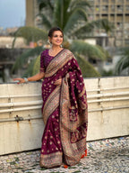 Magenta Pashmina Silk Wevon Kashmiri Meenakari Designer Saree with Unstitched Blouse - Vandini | Grocsy
