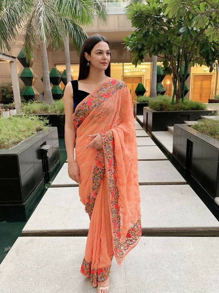 Vamsee Sandhya Orange Georgette Saree | Grocsy