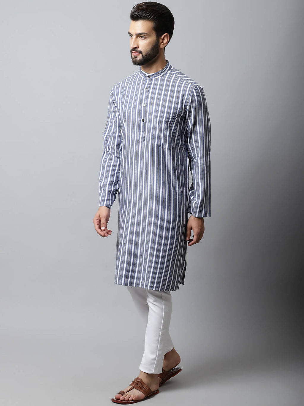 Even Apparels Blue Color Pure Cotton Men's Kurta With Band Collar (STR1168) | Grocsy