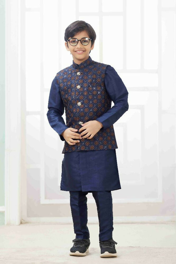 Raivat Ethnic Art Silk Embroidery Work 3 Pics Jacket Set In Navy Blue Colour | Grocsy