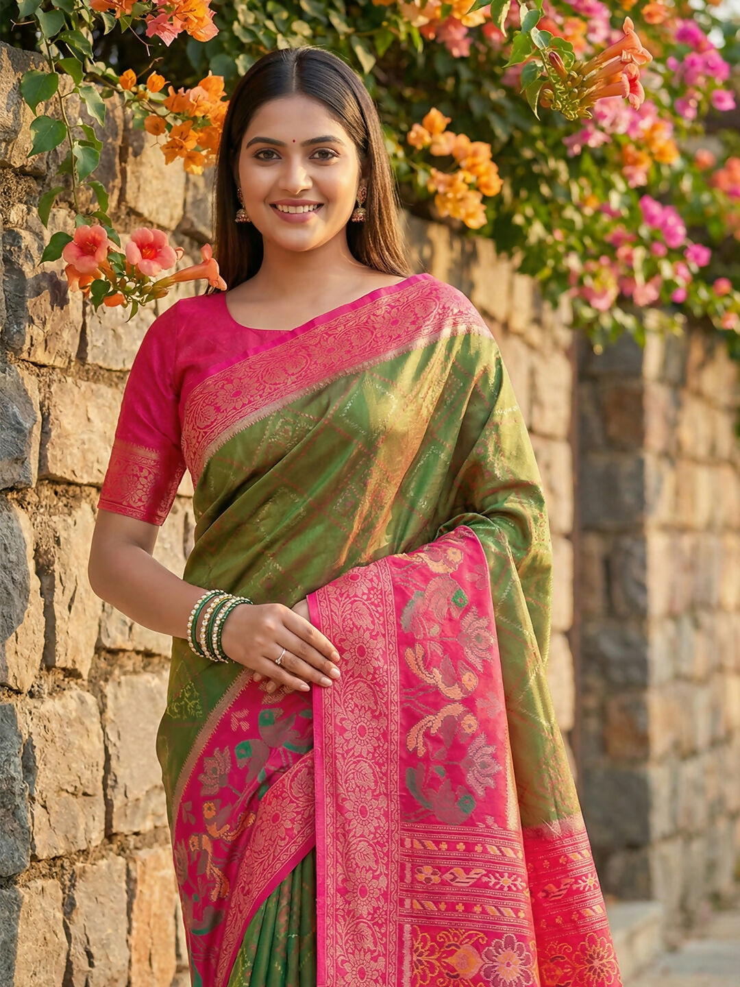 Shree Shyam Fashion Mehndi Pochampally Silk Saree | Grocsy