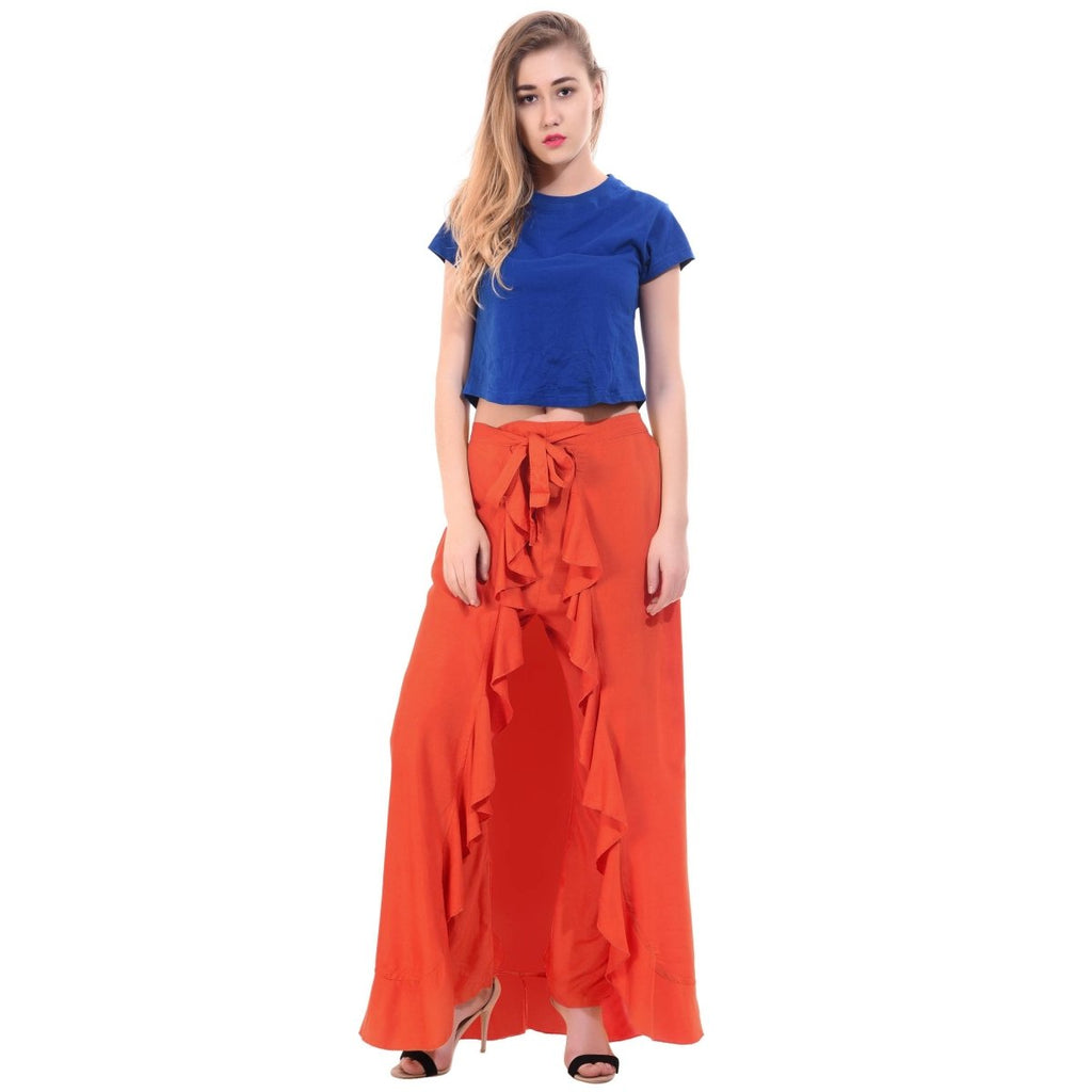 Asmaani Orange Color Plain Ruffle Palazzo | Grocsy