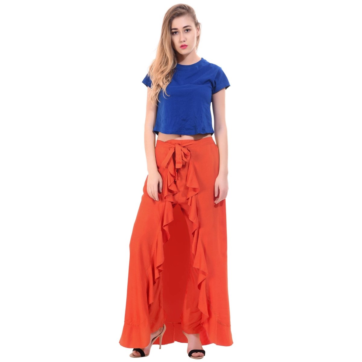 Asmaani Orange Color Plain Ruffle Palazzo | Grocsy