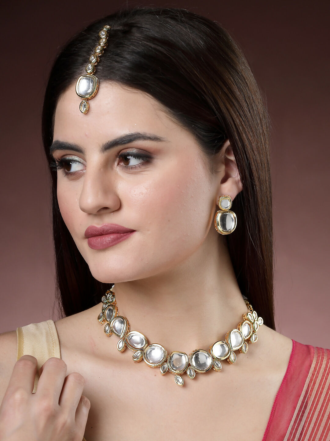 NVR Women's Gold Kundan-Studded Necklace and Earrings with Mang Tikka | Grocsy