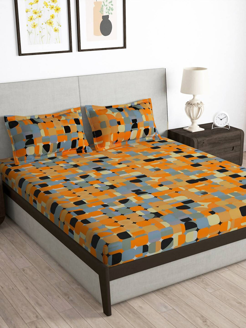 Story@home Orange & White Geometric Microfiber 180 TC Bedsheet With Pillow Cover | Grocsy