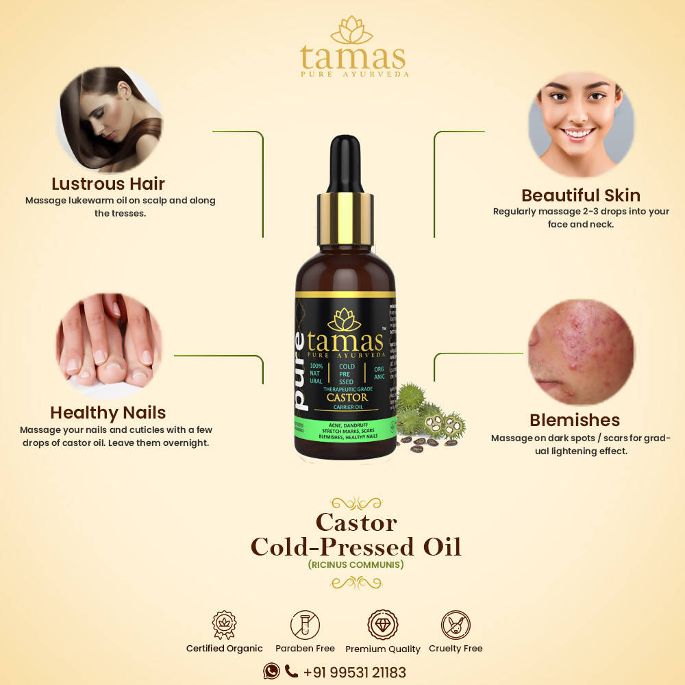 Tamas Pure Ayurveda 100% Organic Castor Cold-Pressed Oil - USDA Certified Organic-30ml | Grocsy