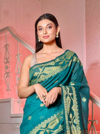 Exclusive Collection Beautiful Green Pure Cotton Woven Handloom Saree With Running Blouse Piece | Grocsy