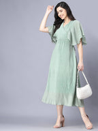Myshka Chiffon Solid Short Sleeve V Neck Green Women Dress | Grocsy
