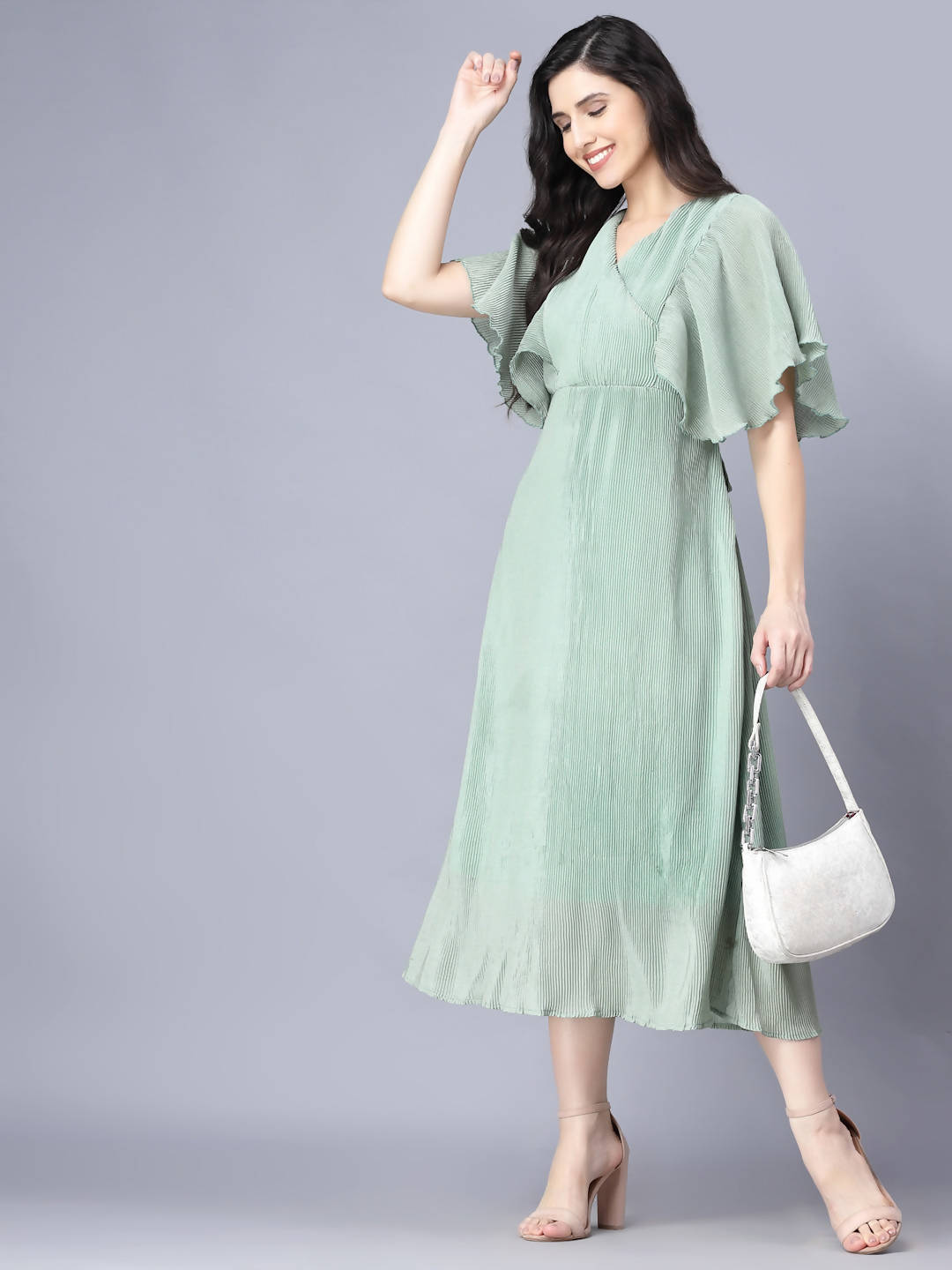 Myshka Chiffon Solid Short Sleeve V Neck Green Women Dress | Grocsy