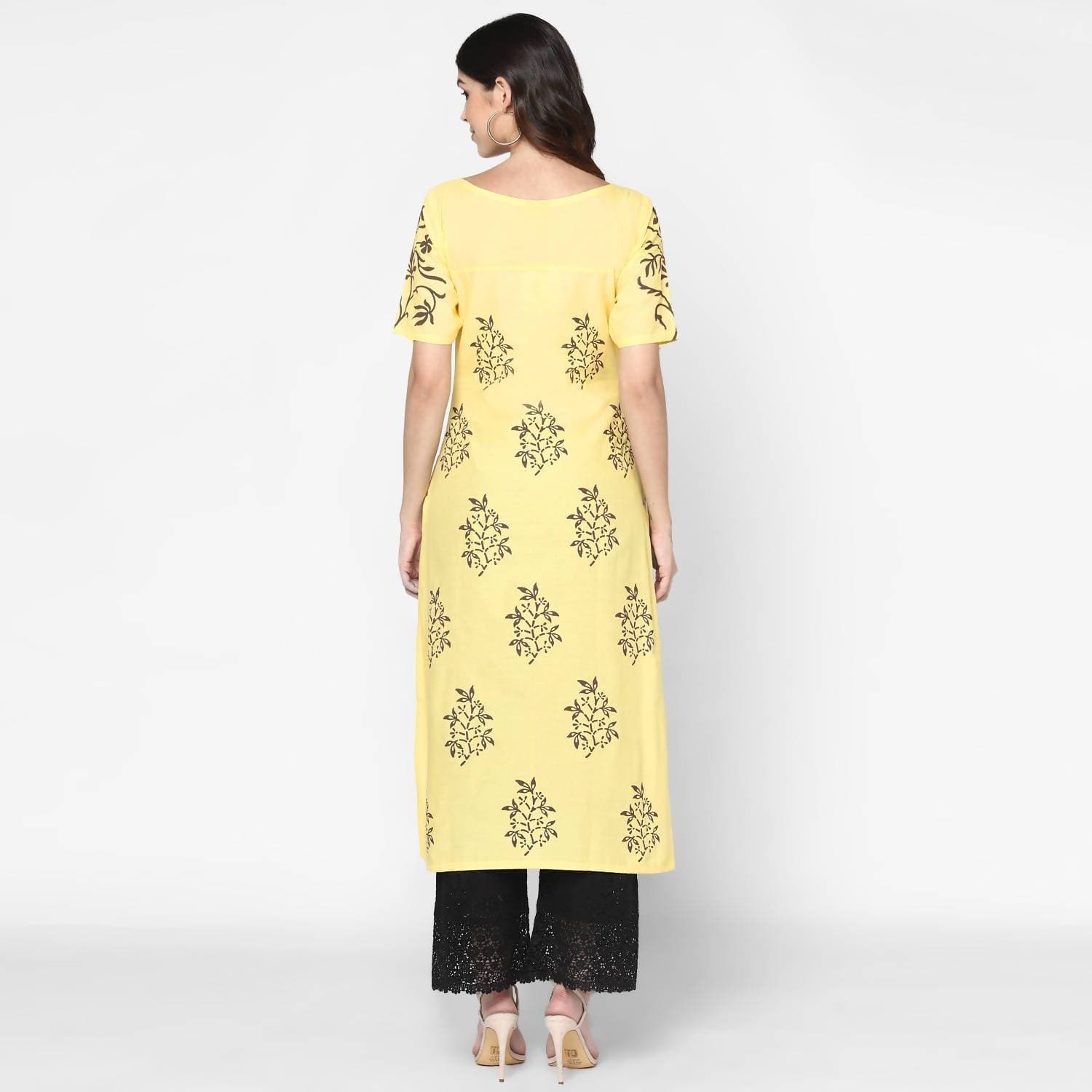 Cheera Hand Block Print Pale Yellow Straight Kurta (MAAI-056K) | Grocsy