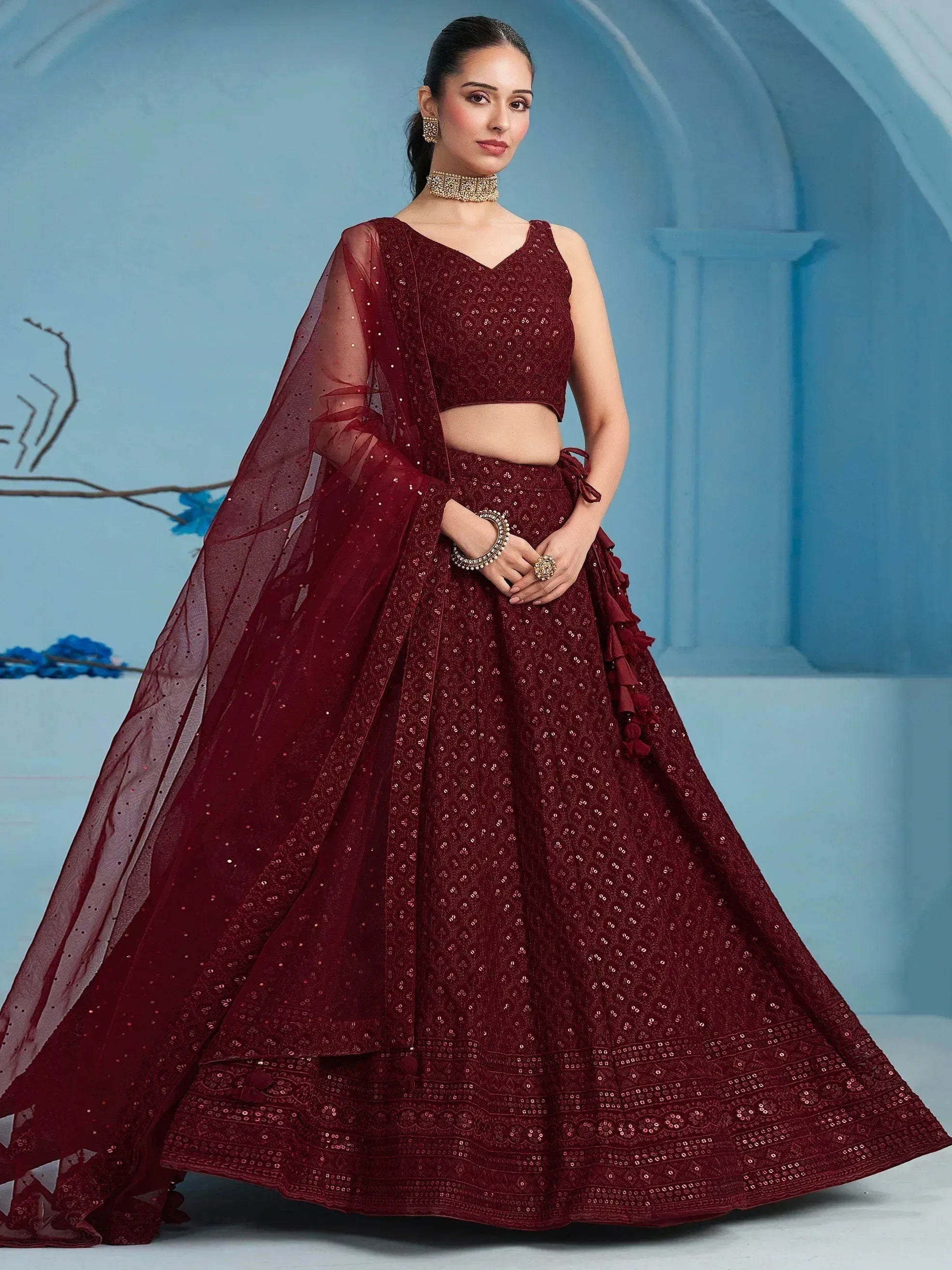 Tulsi Art Superior Maroon Sequins Georgette Reception Wear Lehenga With Blouse | Grocsy