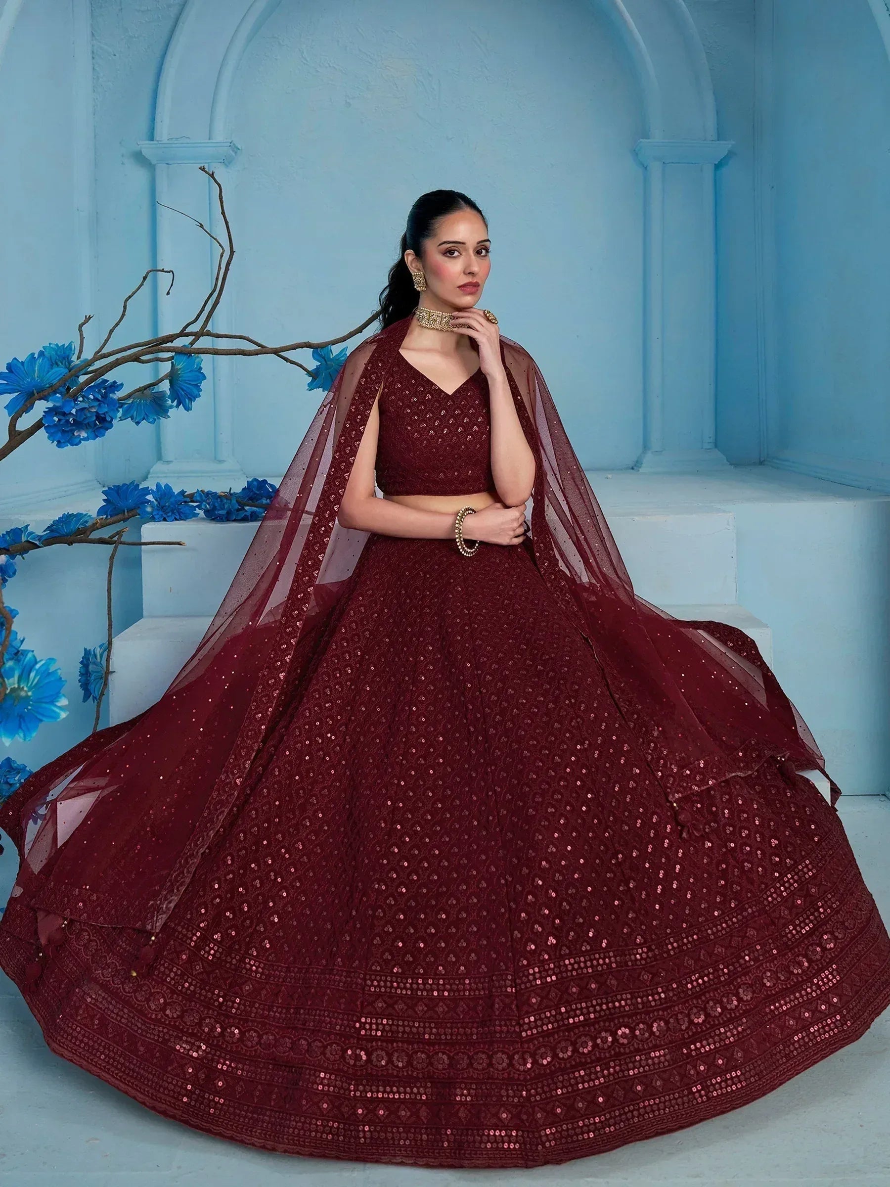 Tulsi Art Superior Maroon Sequins Georgette Reception Wear Lehenga With Blouse | Grocsy