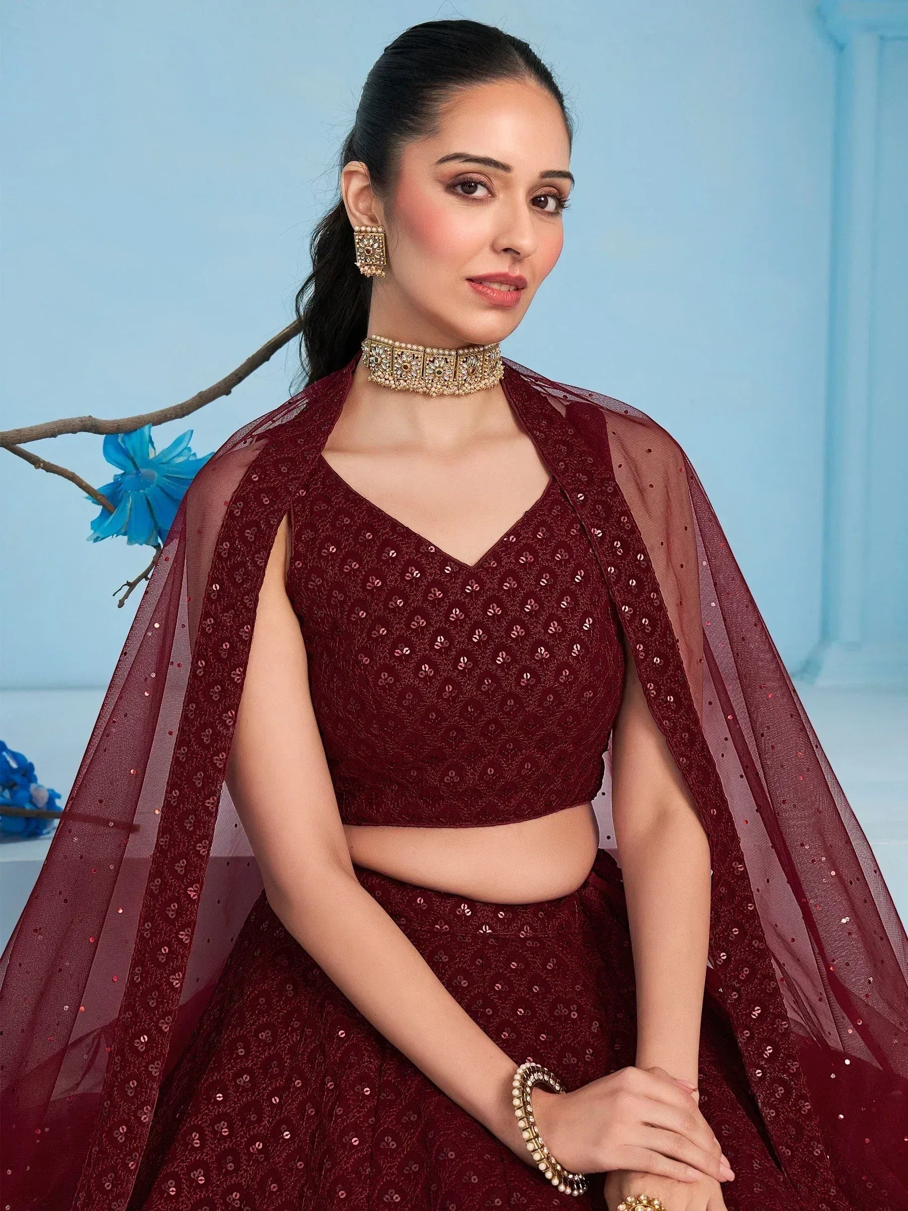 Tulsi Art Superior Maroon Sequins Georgette Reception Wear Lehenga With Blouse | Grocsy