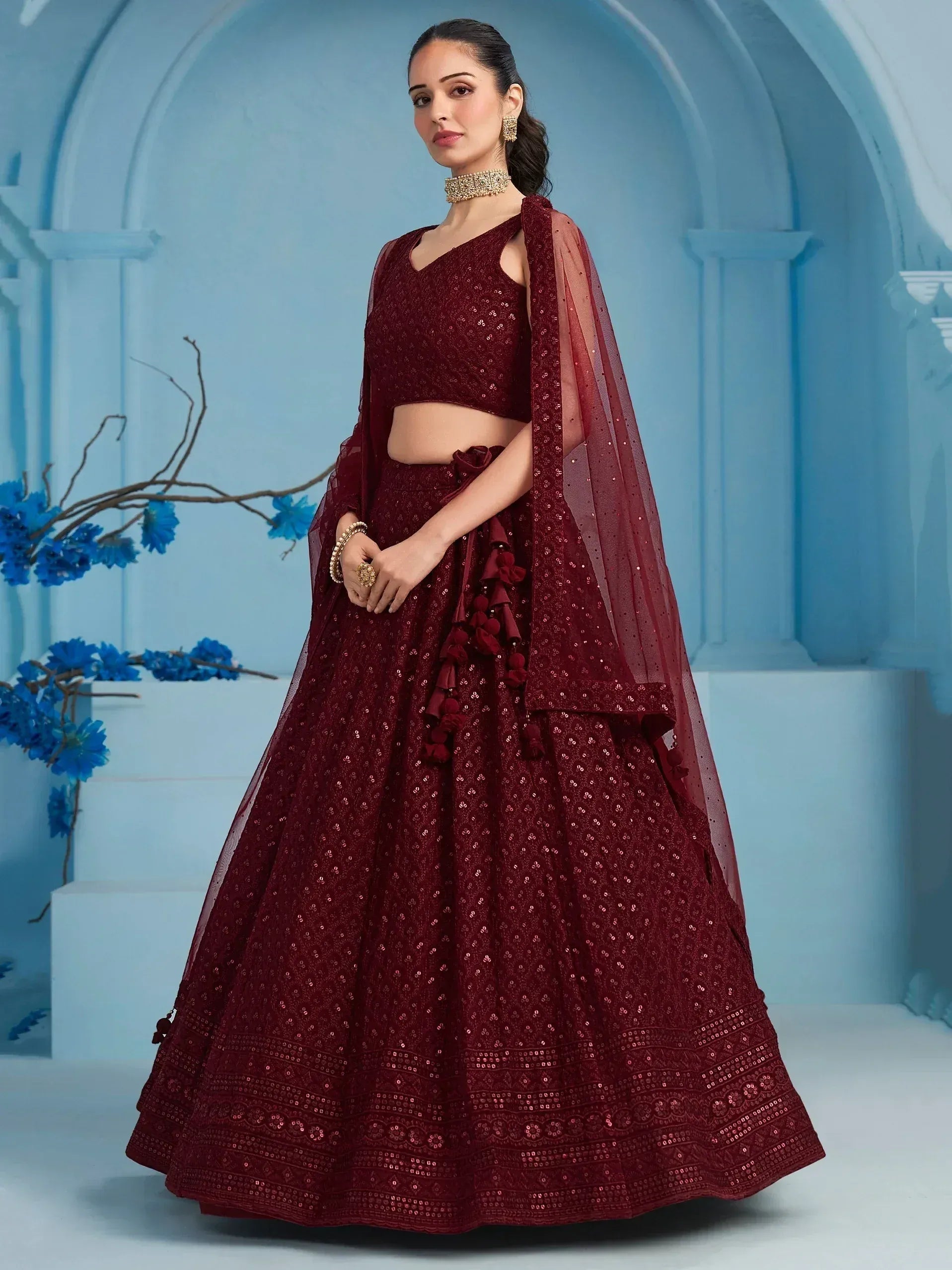 Tulsi Art Superior Maroon Sequins Georgette Reception Wear Lehenga With Blouse | Grocsy