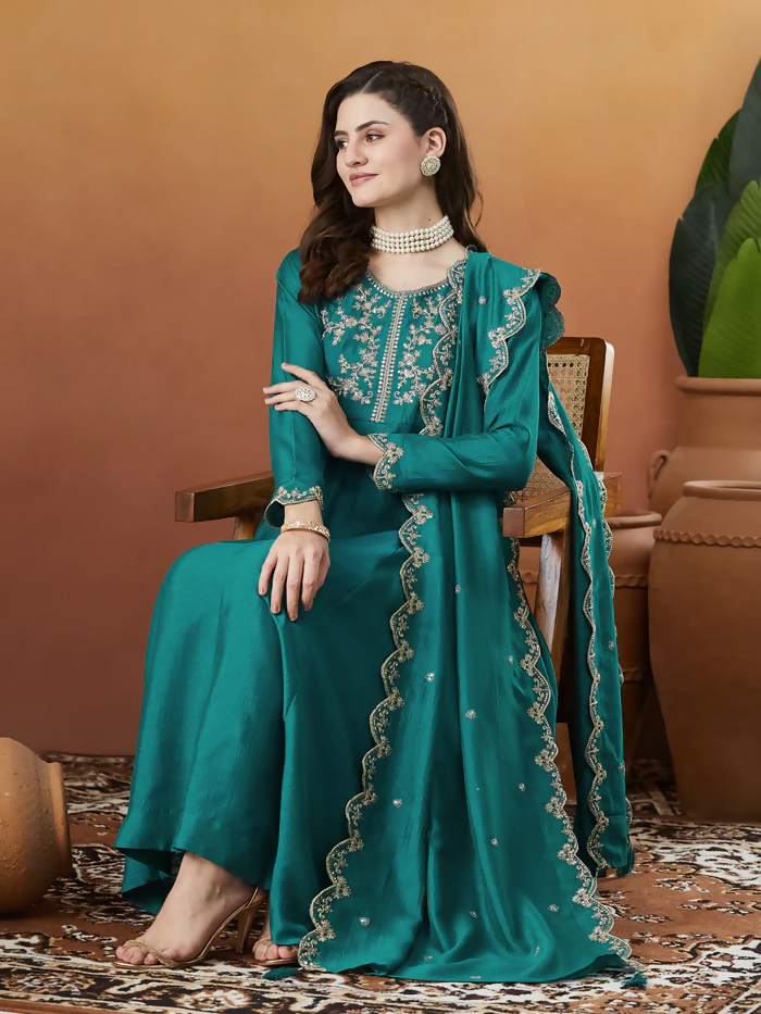 The52 Rama Women's Beautiful Vichitra Silk Fabric Embroidered Work Flared Anarkali Pant and Dupatta Set | Grocsy