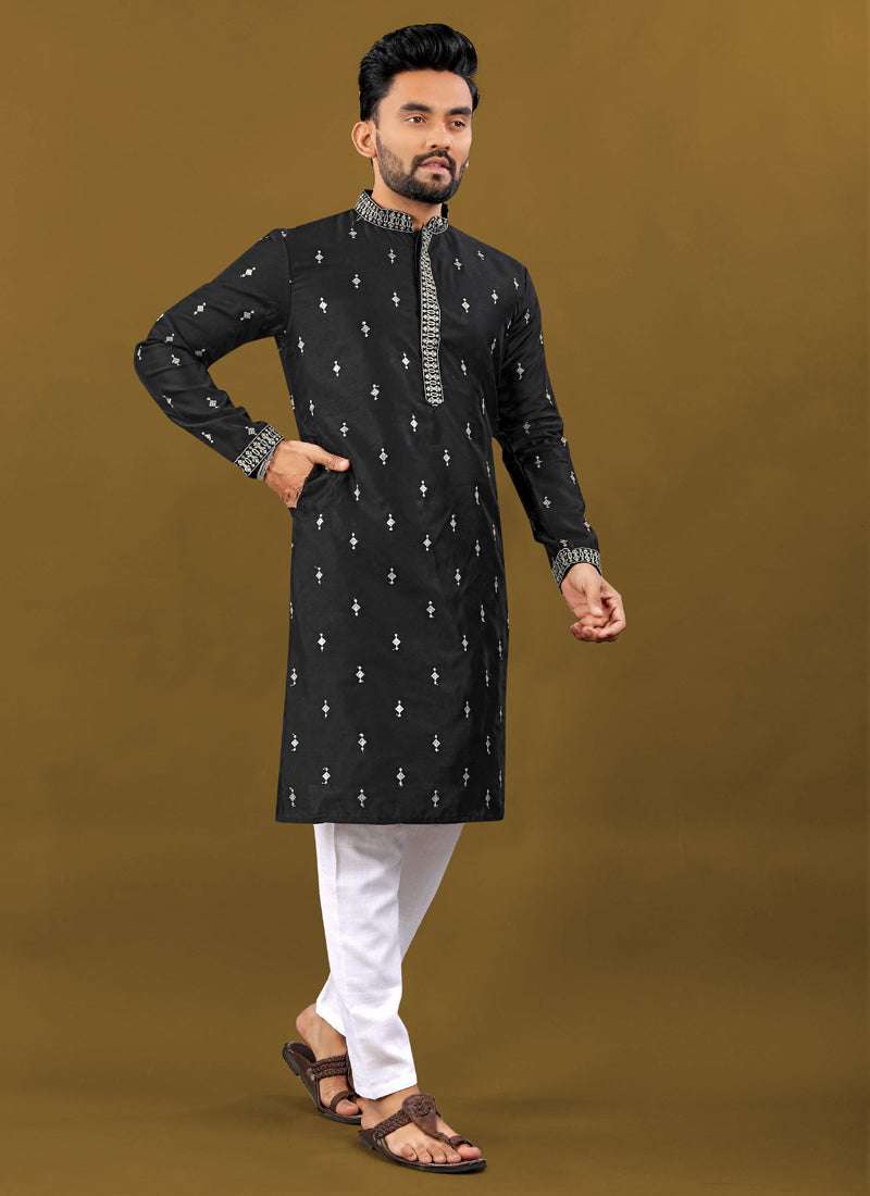Prazu Fashion Black Matka Silk All Over Silver Jari With Embroidery Buti Designer Kurta For Men's | Grocsy