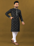 Prazu Fashion Black Matka Silk All Over Silver Jari With Embroidery Buti Designer Kurta For Men's | Grocsy