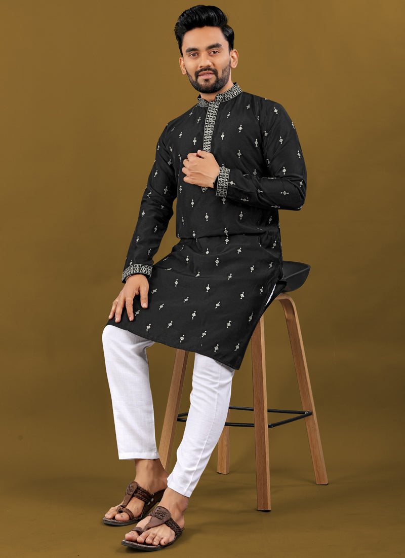 Prazu Fashion Black Matka Silk All Over Silver Jari With Embroidery Buti Designer Kurta For Men's | Grocsy
