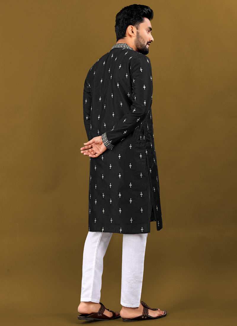 Prazu Fashion Black Matka Silk All Over Silver Jari With Embroidery Buti Designer Kurta For Men's | Grocsy