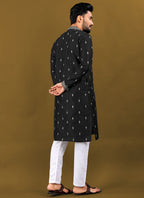 Prazu Fashion Black Matka Silk All Over Silver Jari With Embroidery Buti Designer Kurta For Men's | Grocsy