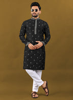 Prazu Fashion Black Matka Silk All Over Silver Jari With Embroidery Buti Designer Kurta For Men's | Grocsy