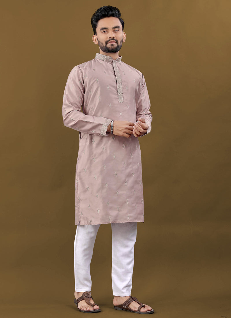 Prazu Fashion Blush Pink Matka Silk All Over Silver Jari With Embroidery Buti Designer Kurta For Men's | Grocsy