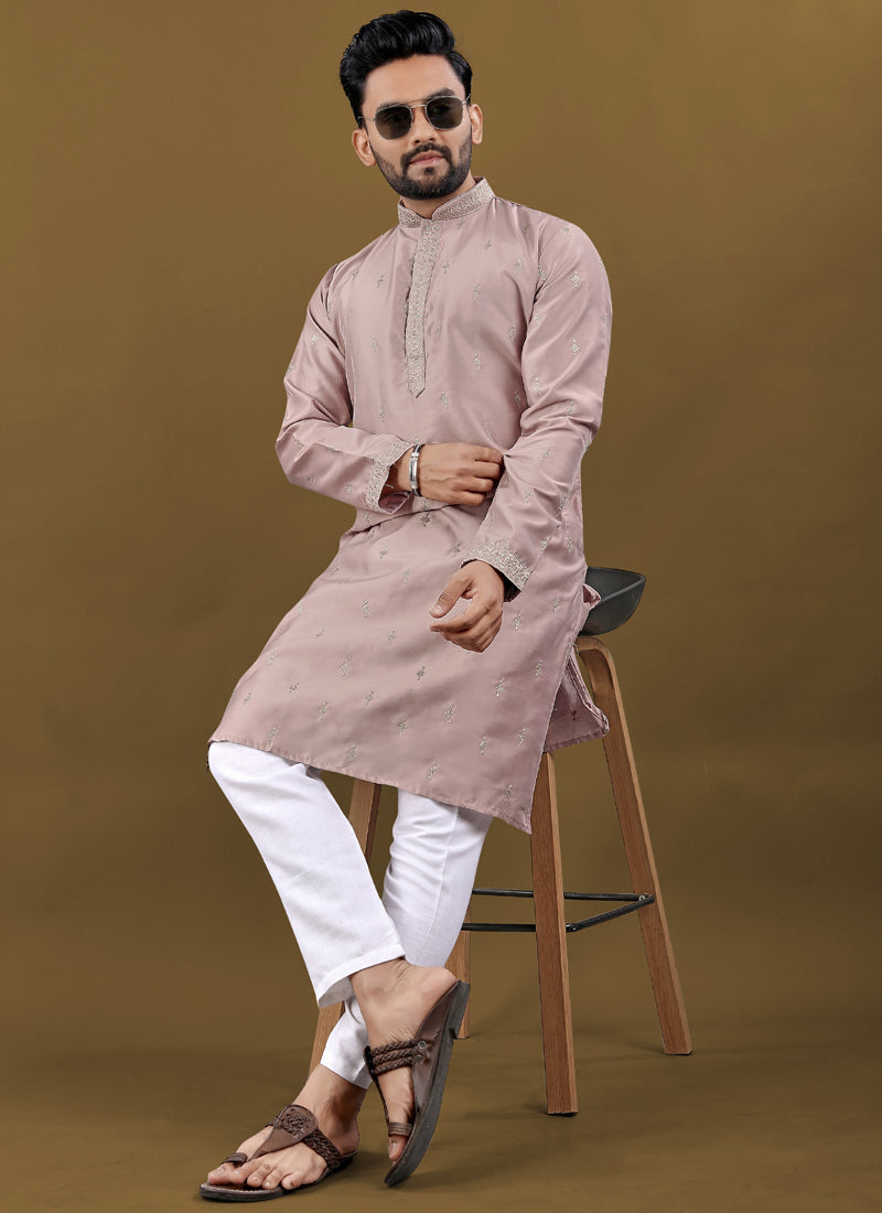 Prazu Fashion Blush Pink Matka Silk All Over Silver Jari With Embroidery Buti Designer Kurta For Men's | Grocsy