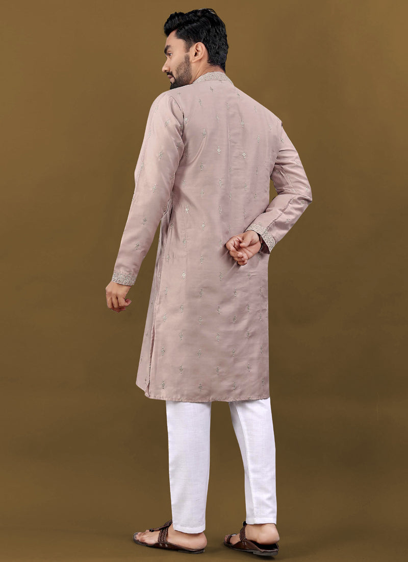 Prazu Fashion Blush Pink Matka Silk All Over Silver Jari With Embroidery Buti Designer Kurta For Men's | Grocsy