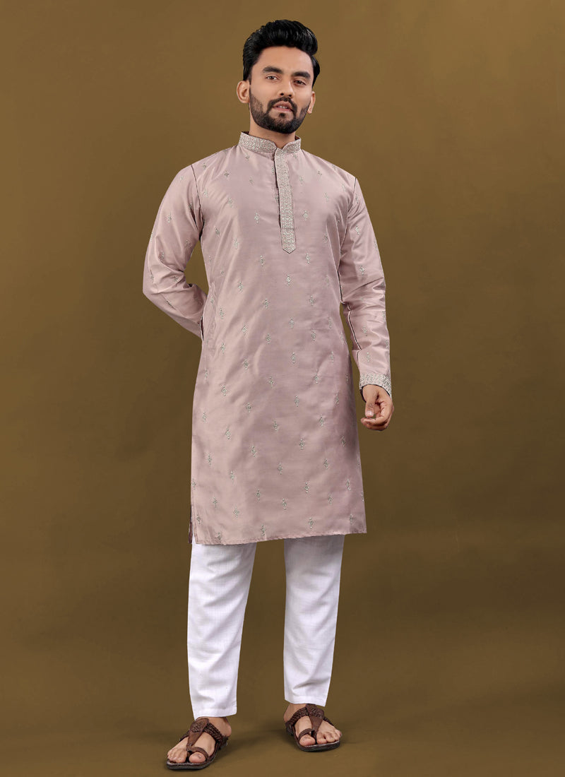 Prazu Fashion Blush Pink Matka Silk All Over Silver Jari With Embroidery Buti Designer Kurta For Men's | Grocsy