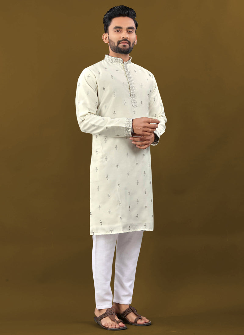 Prazu Fashion Off White Matka Silk All Over Silver Jari With Embroidery Buti Designer Kurta For Men's | Grocsy