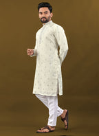 Prazu Fashion Off White Matka Silk All Over Silver Jari With Embroidery Buti Designer Kurta For Men's | Grocsy