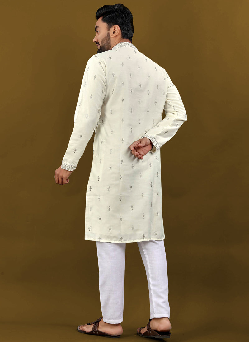 Prazu Fashion Off White Matka Silk All Over Silver Jari With Embroidery Buti Designer Kurta For Men's | Grocsy