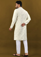 Prazu Fashion Off White Matka Silk All Over Silver Jari With Embroidery Buti Designer Kurta For Men's | Grocsy