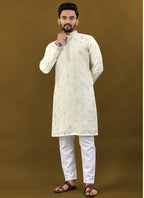 Prazu Fashion Off White Matka Silk All Over Silver Jari With Embroidery Buti Designer Kurta For Men's | Grocsy