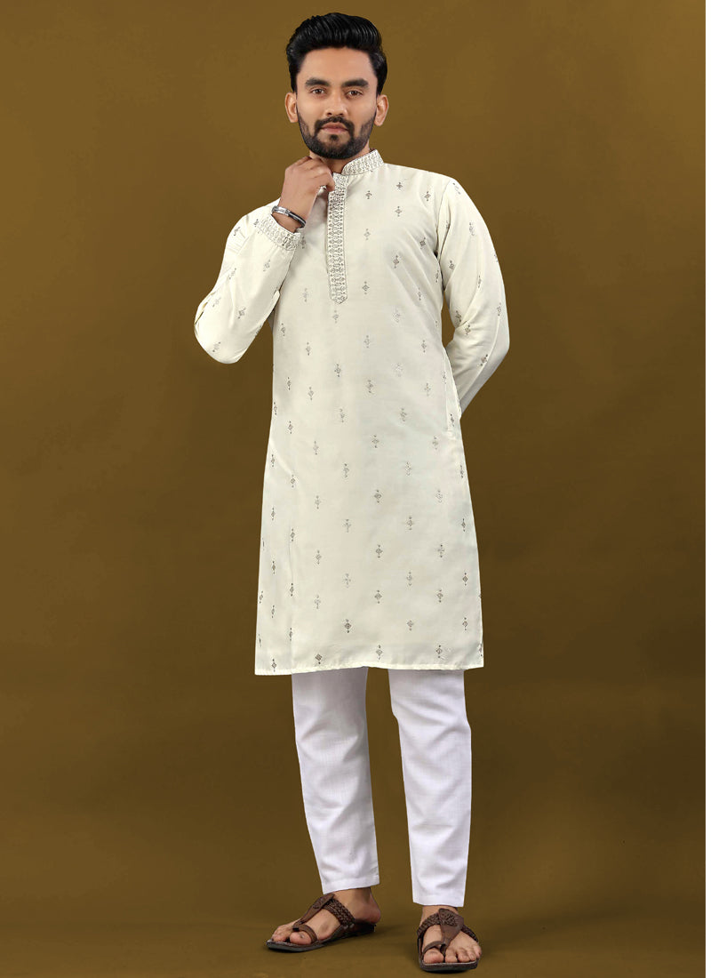 Prazu Fashion Off White Matka Silk All Over Silver Jari With Embroidery Buti Designer Kurta For Men's | Grocsy