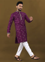 Prazu Fashion Purple Matka Silk All Over Silver Jari With Embroidery Buti Designer Kurta For Men's | Grocsy