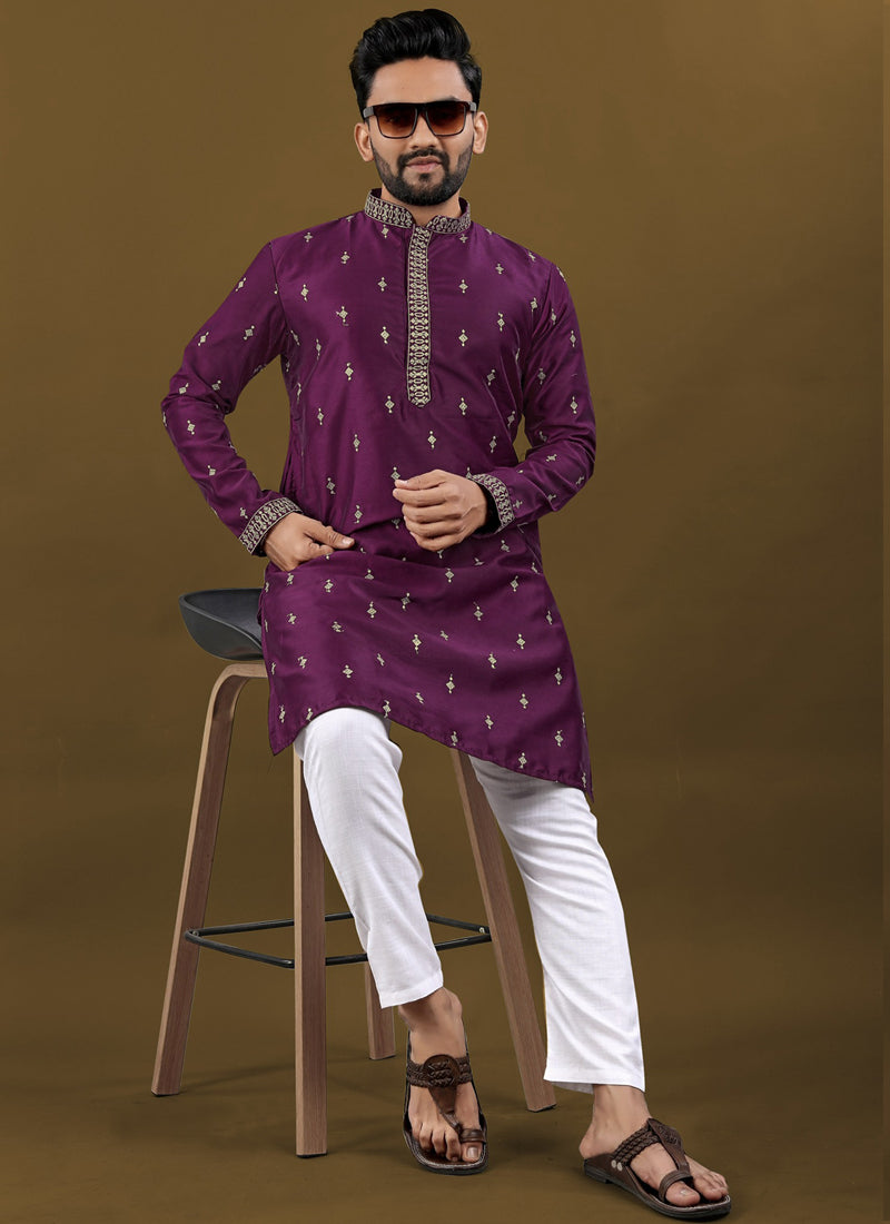 Prazu Fashion Purple Matka Silk All Over Silver Jari With Embroidery Buti Designer Kurta For Men's | Grocsy
