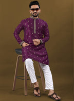Prazu Fashion Purple Matka Silk All Over Silver Jari With Embroidery Buti Designer Kurta For Men's | Grocsy