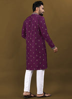 Prazu Fashion Purple Matka Silk All Over Silver Jari With Embroidery Buti Designer Kurta For Men's | Grocsy