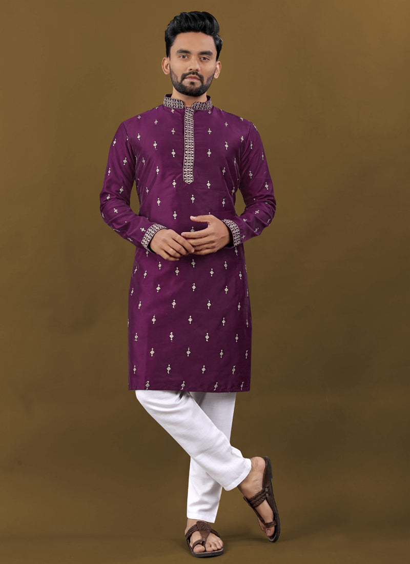 Prazu Fashion Purple Matka Silk All Over Silver Jari With Embroidery Buti Designer Kurta For Men's | Grocsy
