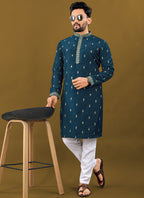 Prazu Fashion Royal Blue Matka Silk All Over Silver Jari With Embroidery Buti Designer Kurta For Men's | Grocsy