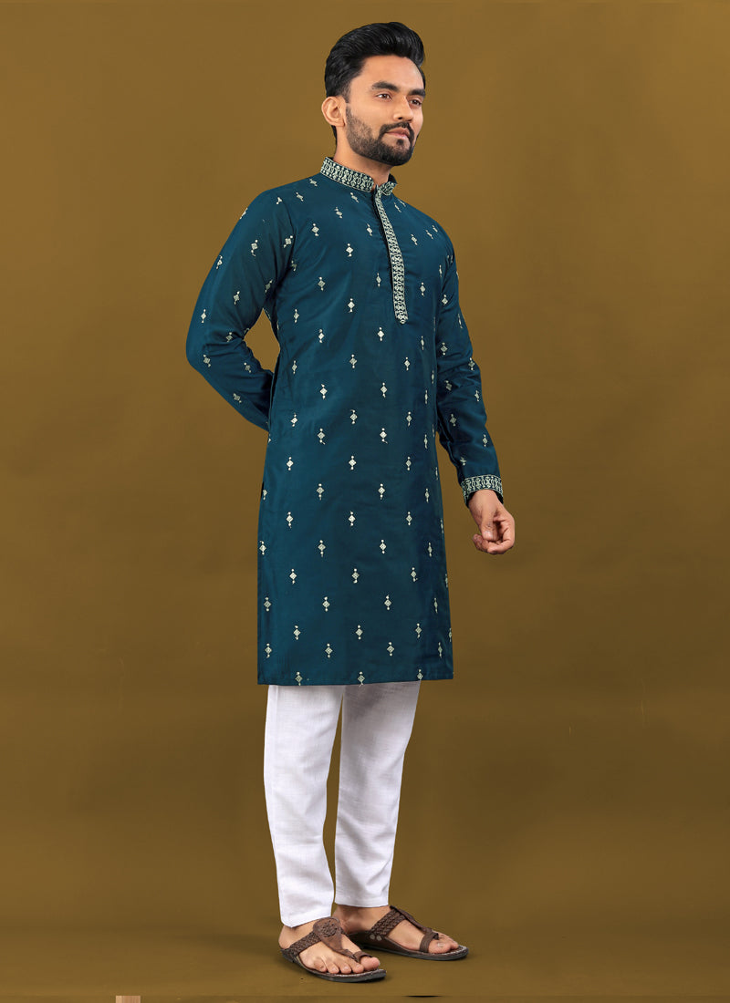 Prazu Fashion Royal Blue Matka Silk All Over Silver Jari With Embroidery Buti Designer Kurta For Men's | Grocsy