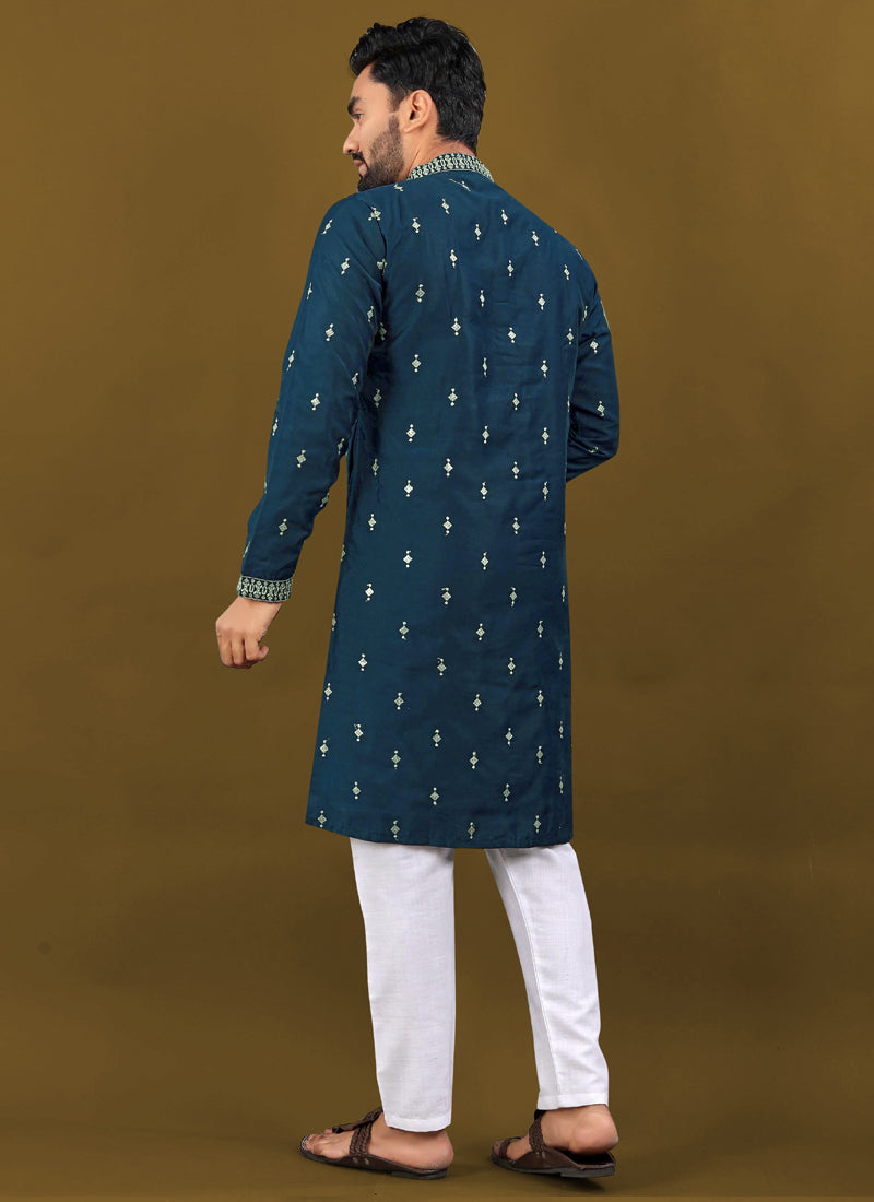 Prazu Fashion Royal Blue Matka Silk All Over Silver Jari With Embroidery Buti Designer Kurta For Men's | Grocsy