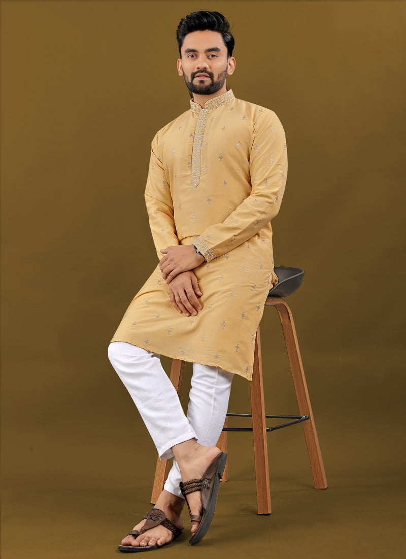 Prazu Fashion Yellow Matka Silk All Over Silver Jari With Embroidery Buti Designer Kurta For Men's | Grocsy