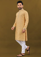 Prazu Fashion Yellow Matka Silk All Over Silver Jari With Embroidery Buti Designer Kurta For Men's | Grocsy
