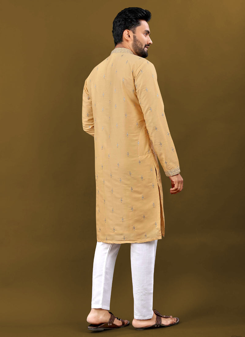 Prazu Fashion Yellow Matka Silk All Over Silver Jari With Embroidery Buti Designer Kurta For Men's | Grocsy